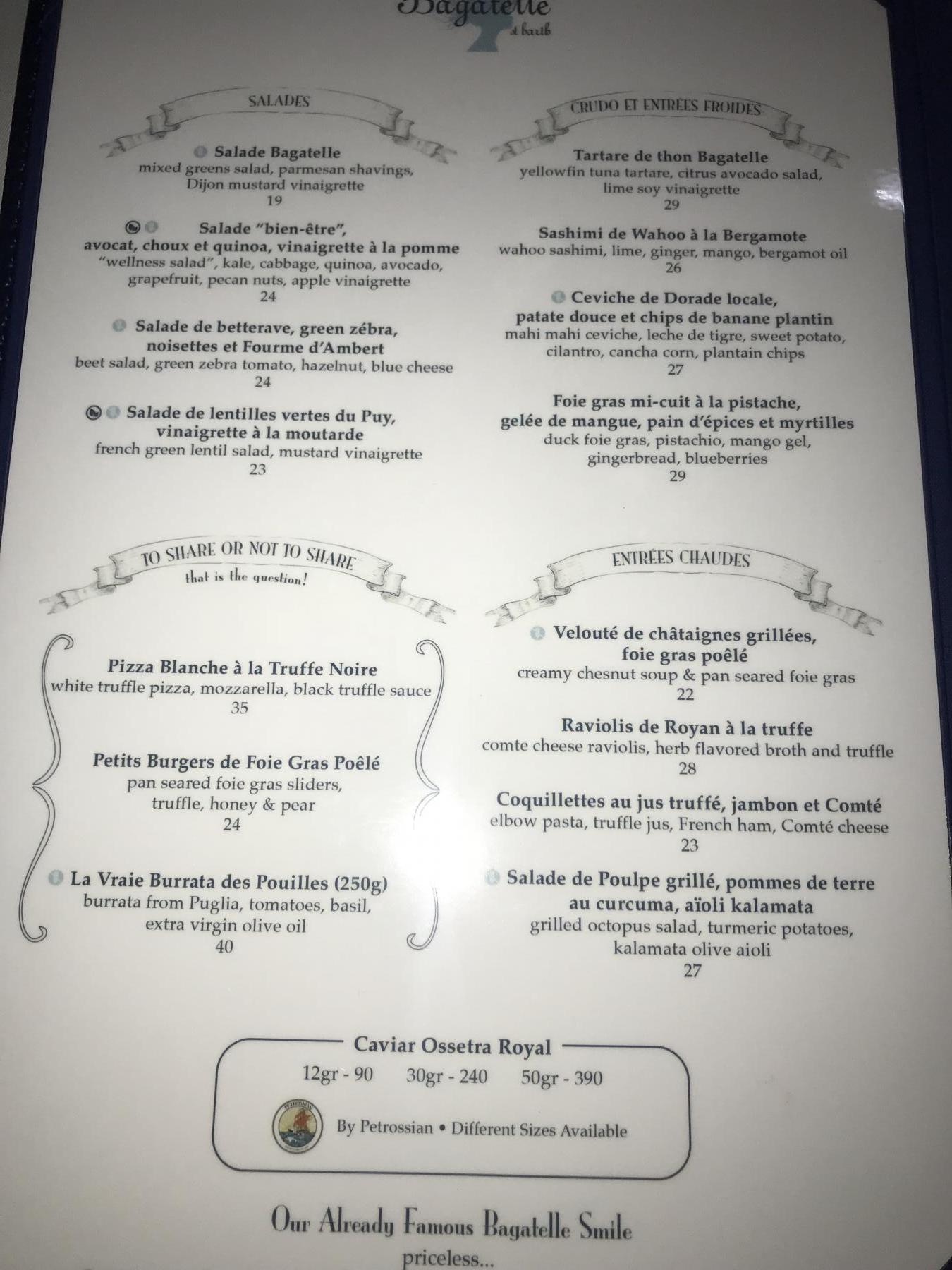 Bagatelle New Season Menu's